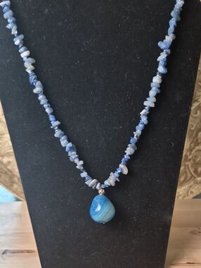 Blue Agate Chip Necklace with Teardrop Pendant - Women Jewelry